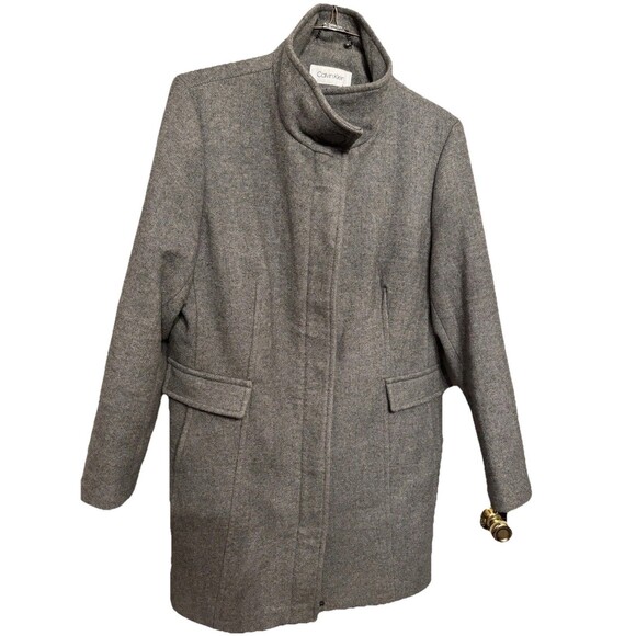 Calvin Klein Wool Blend Gray Tweed Stand Collar Walker Coat Women’s Sz 18 Zips - Picture 9 of 15